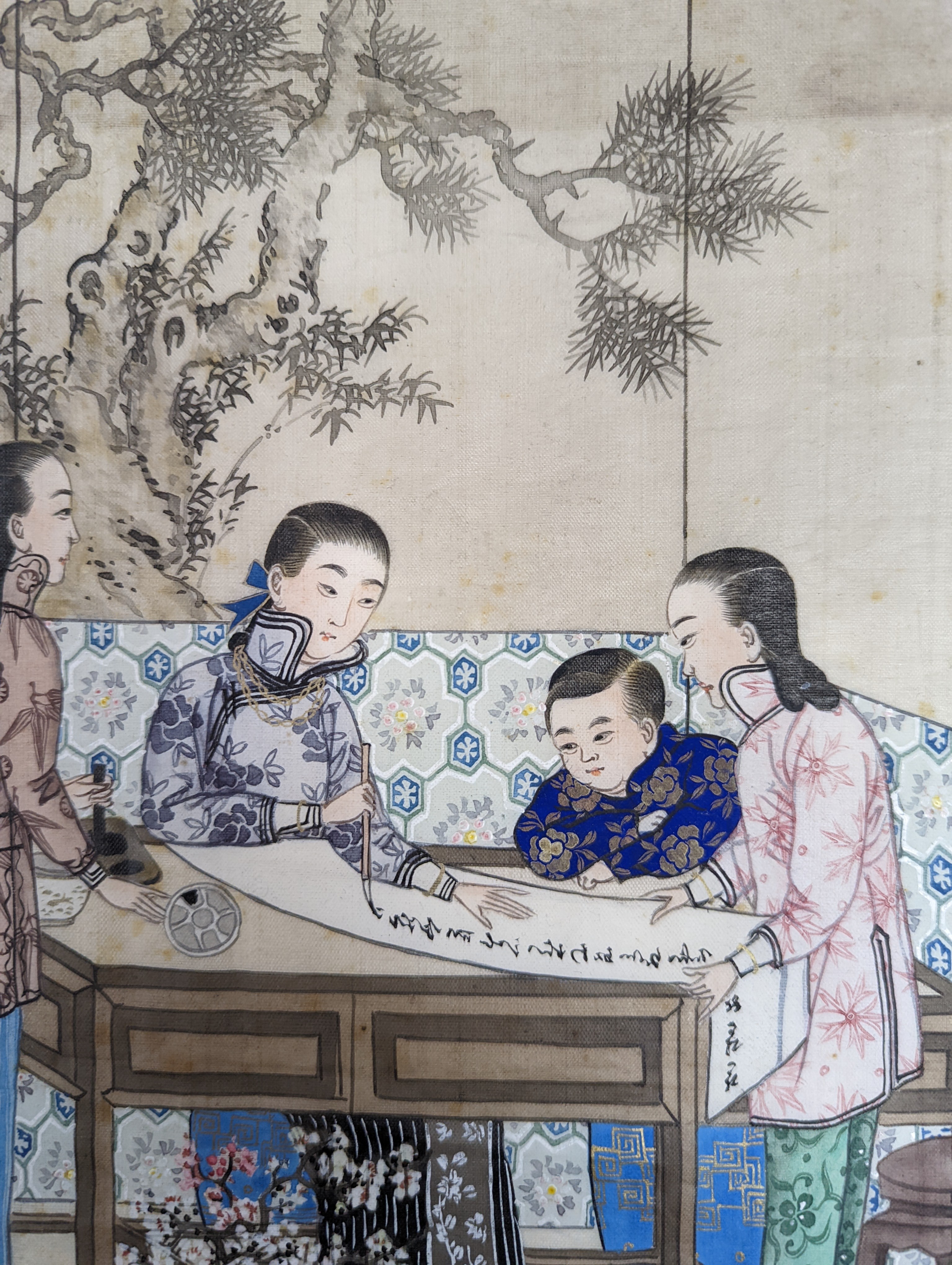 Chinese school circa 1900, gouache on silk, Calligrapher with onlookers, 31 x 40cm, unframed